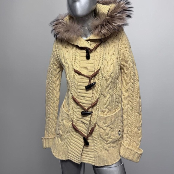 Yellow Fur-Trim Cable-Knit Cardigan Sweater - Picture 2 of 5